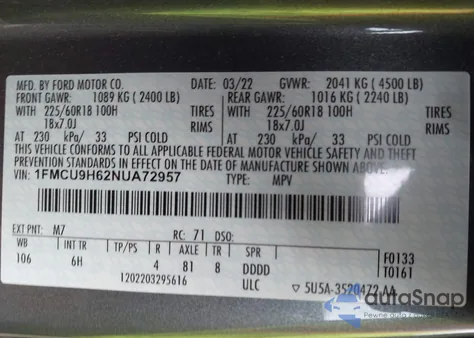 2022 Ford Escape Sel z USA, uszkodzony, nr VIN 1FMCU9H62NUA72957